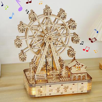 Rotatable Ferris Wheel Music Box Model 3D Wooden Puzzles with LED Light Mechanical Kit Assembly Decor DIY Toy Gift for Kid Adult
