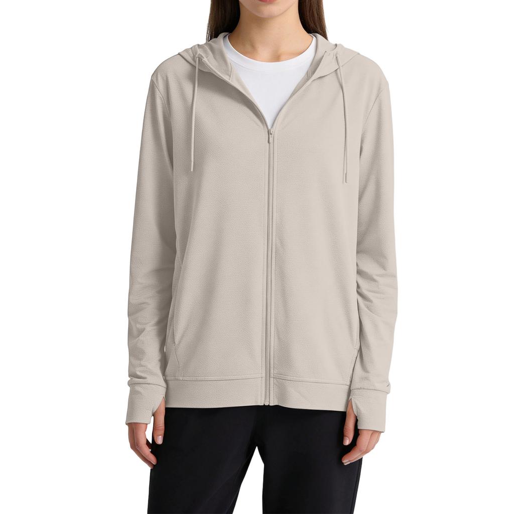 Lightweight Full Zip Hooded Jacket with Long Sleeves Breathable Fabric Casual Loose Fit Sun Outerwear