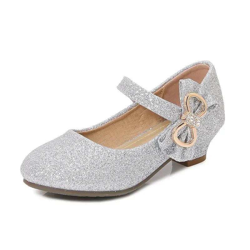 New Luxury Girl Shoes Sweet Sequins Kids Leather Shoe for Princess Wedding Party Fashion Elegant Versatile Children High Heels