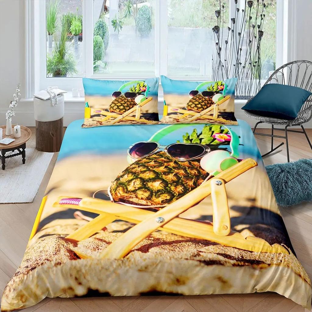Ananas Bettbezug Set King Size Gelb Geometrisches Ananas Bettwäsche Set Seaside Strand Thema Frucht Bedruckte Bettdecke