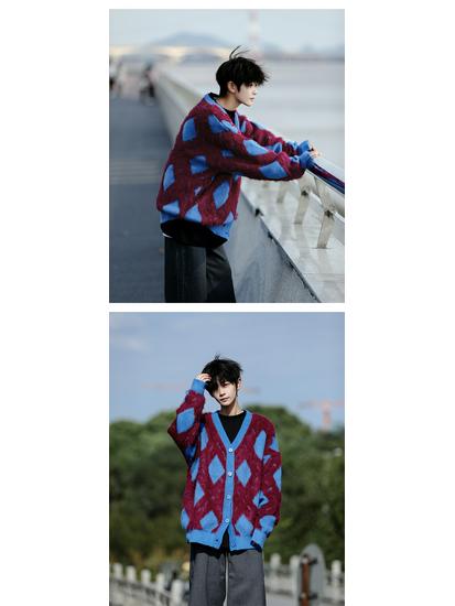 Men's Autumn/Winter Retro College Diamond Check Cardigan - Soft, Sticky, Trendy, Casual Knitted Style for Couples