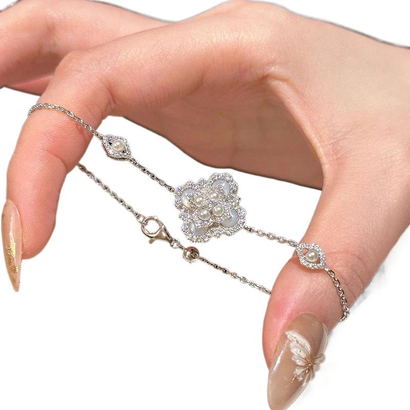Full Inlay Diamonds Pearl Flower Bracelet Chain Light Luxury Fashion Romantic Stacked Bracelets for Women Engagement Jewelry