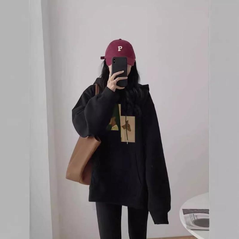 Autumn Winter Black Hipster Loose Casual Hoodies Women Long Sleeve Printing Harajuku Y2K Pullover Hooded Top