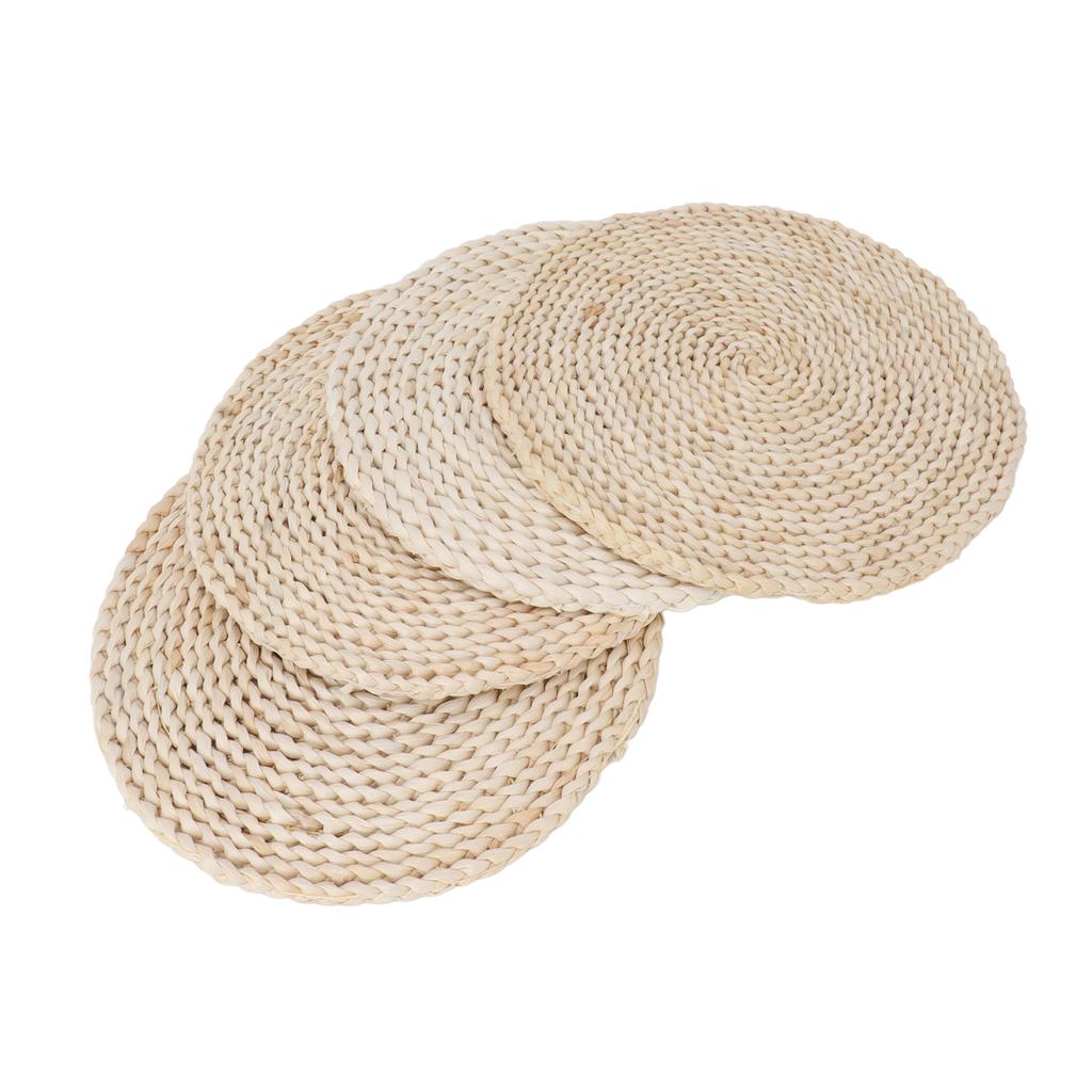 4pcs Round Placemat Corn Husk Original Color Decorative Woven Insulation Table Mat for Home Dining