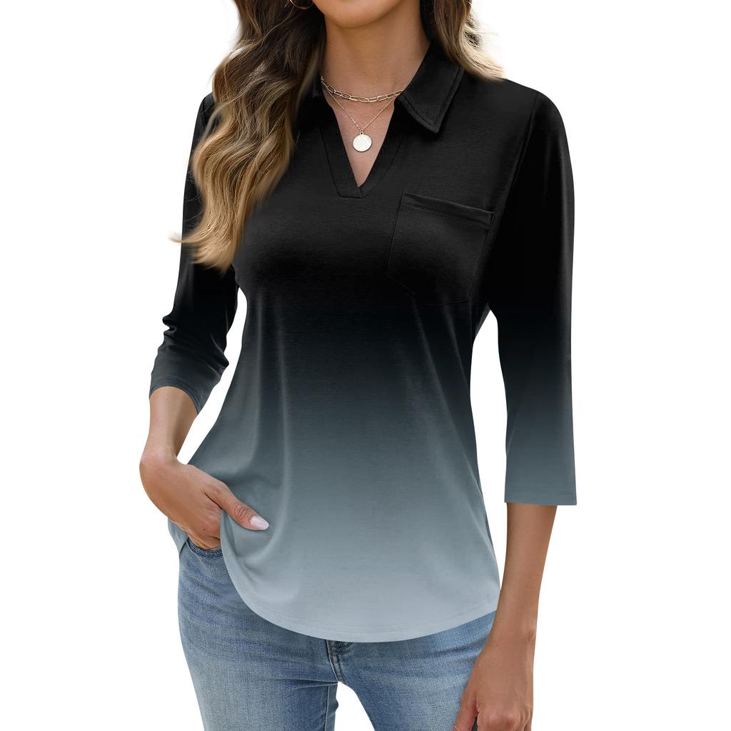 Damen Mode Lässig Revers Kurz 3/4 Ärmel Print Hemd Damen Oberteile