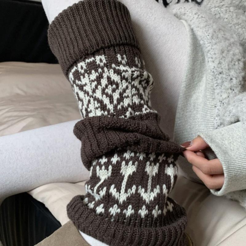 Sock Covers, Thick Threads, Stacked Socks, Warm And Thickened, Retro Gray Diamond Calf Socks, Leg Covers