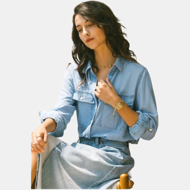 Levis SS24 Summer Collection Denim Solid Color Loose Long Sleeve Shirt Women Shirts Dark-Blue 001BO-0000