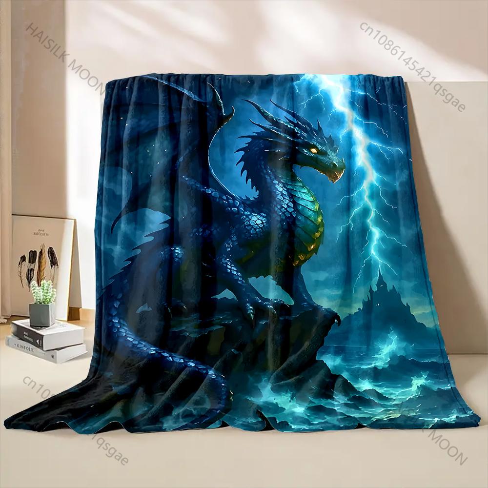 Multiple Sizes Blue Dragon Faces Lightning Print Blanket Flannel Material Soft Warm for All Seasons Home Outdoor Camping Picnics