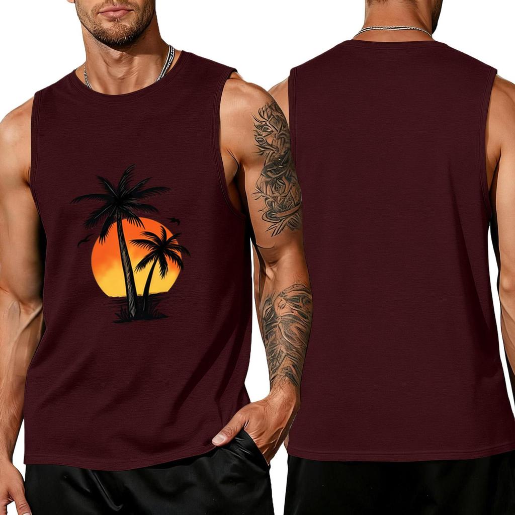 Men Sleeveless Crew Neck Tank Top with Tree and Print Relaxed Fit Casual Shirt for Summer Outdoor Use