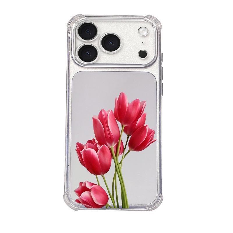 Factory Ins Wind Red Tulip UV Painted Mobile Phone Case Apple 16promax Four Corners Anti-drop Protective Case