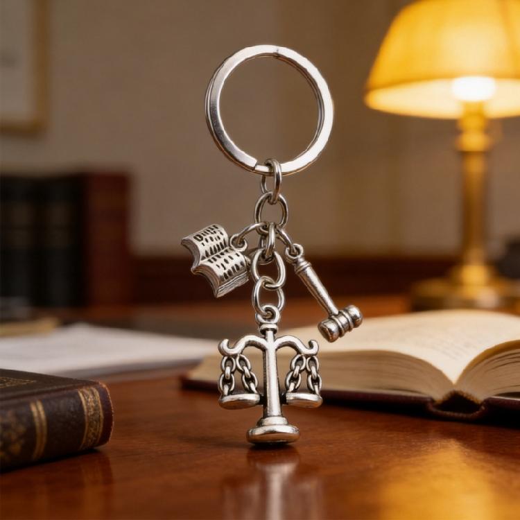 Decorative Keychain Charm for Legal Theme Carry, Silver Tone Scale Gavel Book Pendants on Zinc Alloy Key Ring for Daily Keys, Bags, and Desk