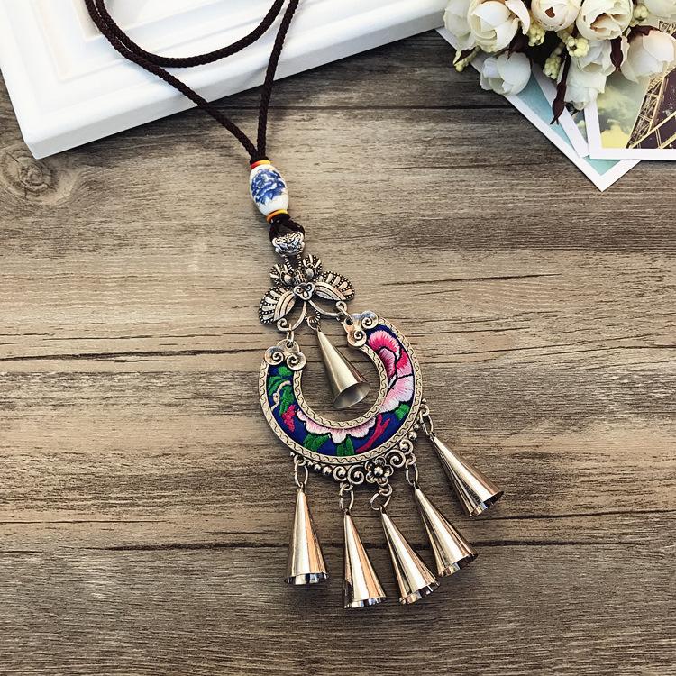 Retro Long Fashion Classical Embroidery Fringed Necklace Temperament Wind Chimes Pendant Miao Sweater Chain Accessories