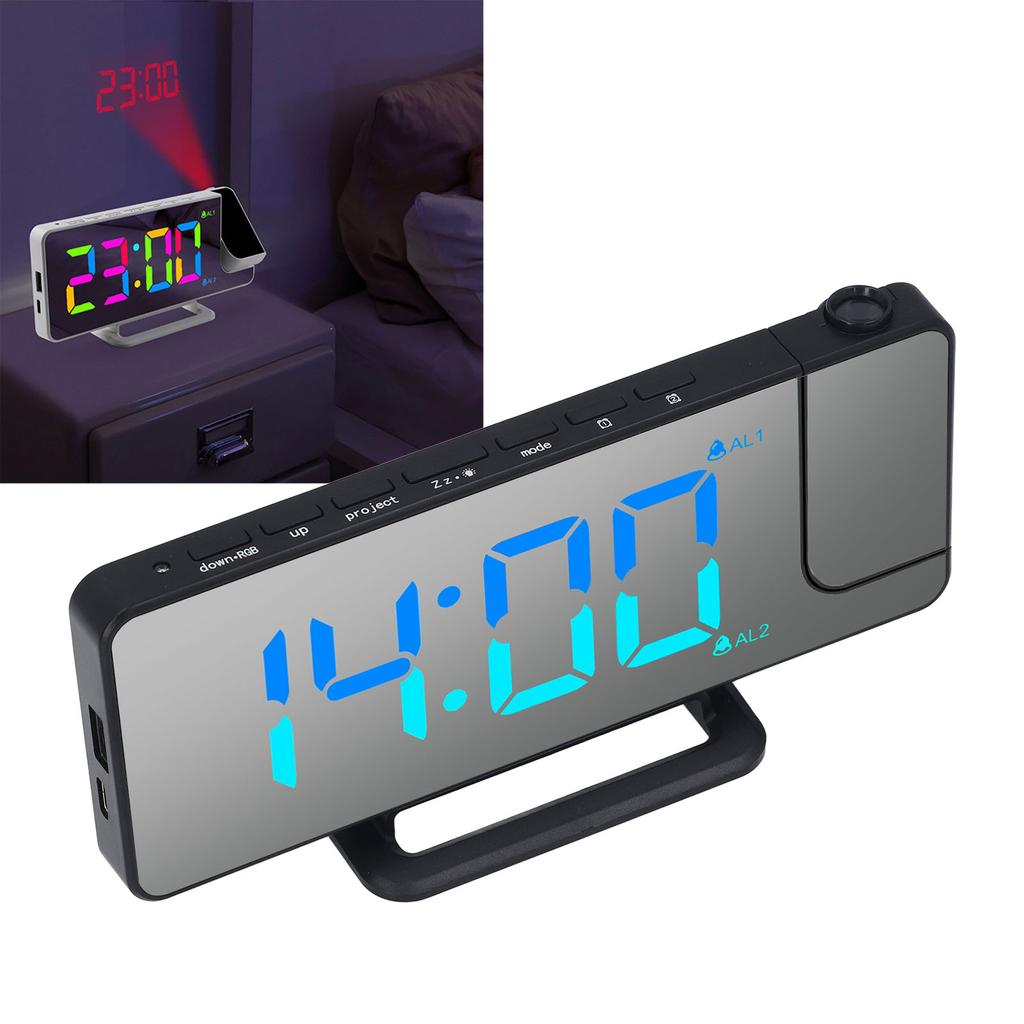 Projektionswecker, 7,4 Zoll LED-Spiegel, Digitalwecker mit Projektor, RGB-Licht und USB-C-Anschluss