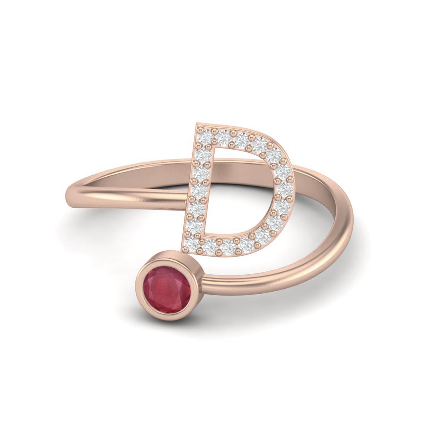 Capital D Initial Letter Ruby 925 Sterling Silver Rose Vermeil Women Adjustable Front Open Ring 10