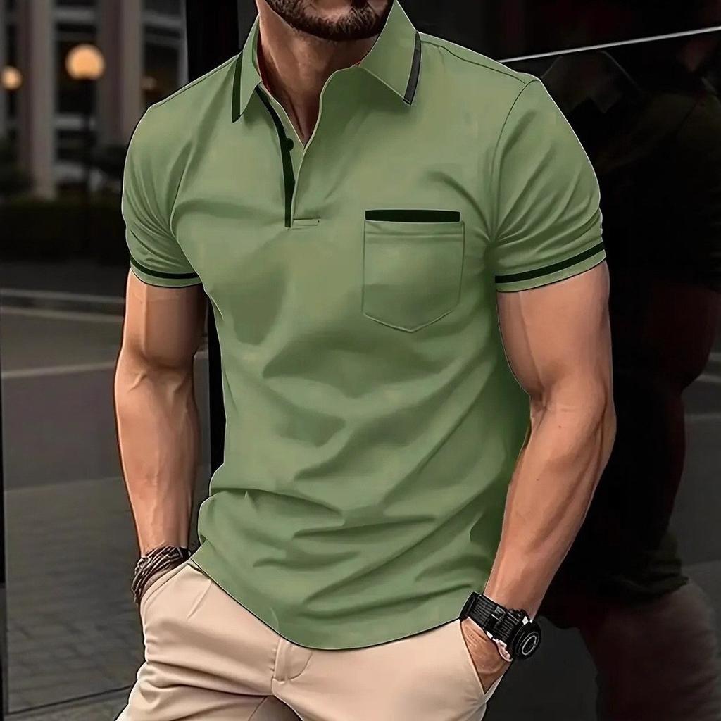 Men Clothes Summer Casual Short Sleeve Lapel Golf Polo Shirt Pocket Stitching Tops Polo Shirt