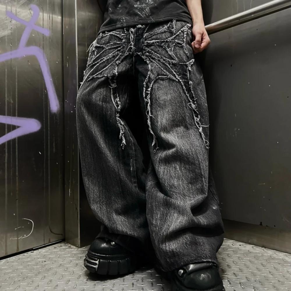 Y2K Phantom Jeans High Street Spider Embroidered Patch Hip Hop Streetwear Gothic Retro Oversized Baggy Fit Unisex Mopping Pants