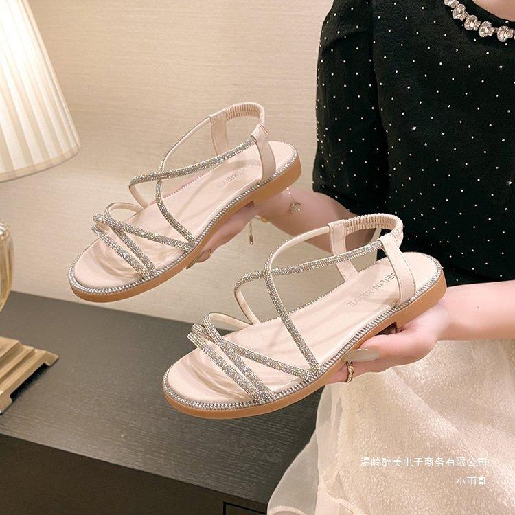 Japan and South Korea foreign trade new fairy wind large size rhinestone flat-soled sandals women open-toed elastic beach cool slippers