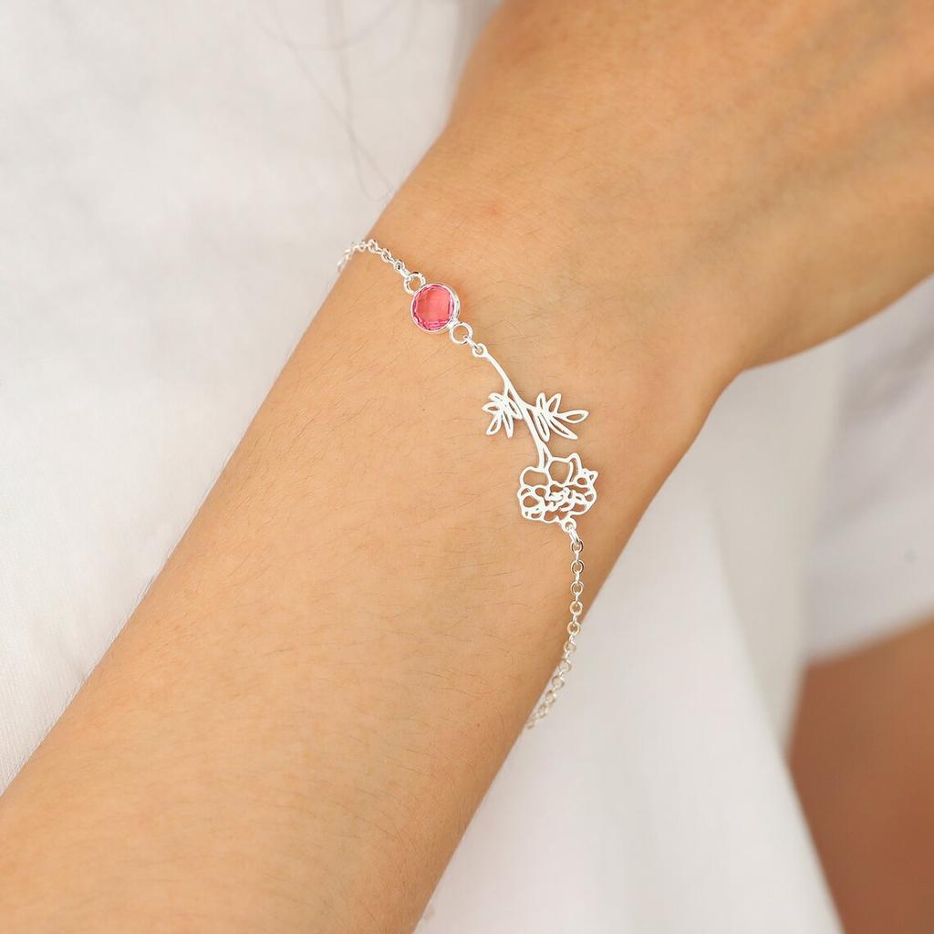 Personalized Birthstone Bracelet Custom Birth Flower Bracelets Dainty Birth Flower Charm for Women,Gifts for Her,Mothers Day