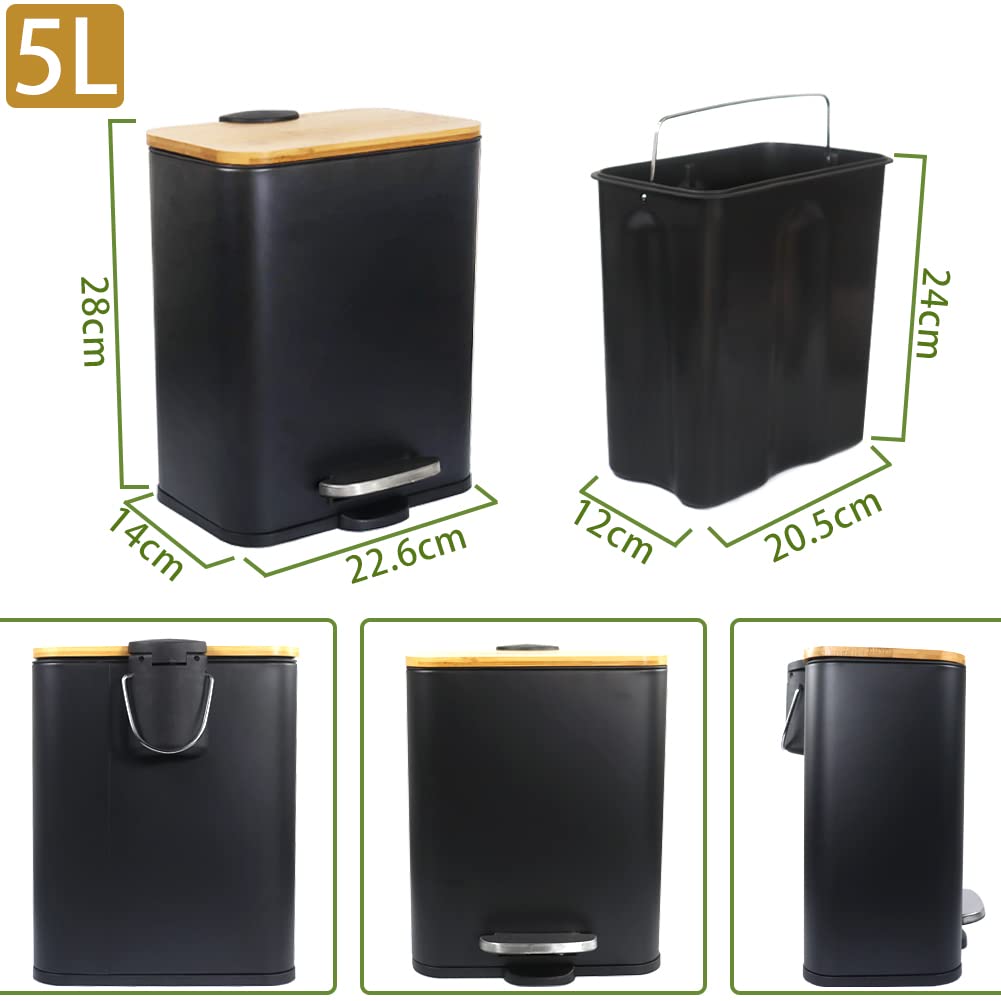 Trash Can with 5L Pedal Type Trash Bamboo Trash No For Lid, Can, Stylish, Rectangular, Lid, Can, Deodorizing, Airtight, Sound, Kitchen/Living