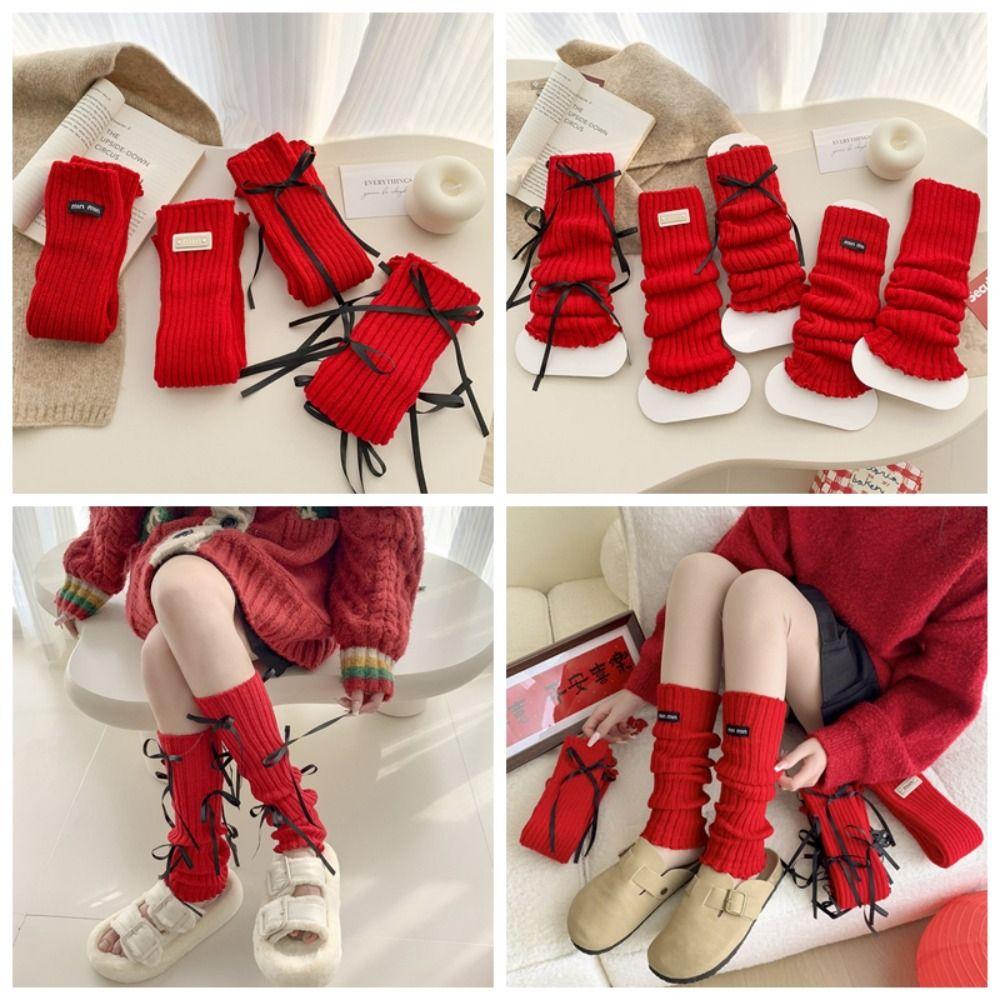 Japanese Christmas Knee Socks Y2k Bow Knitted Leg Socks Sweet New Year Red Socks  For Girl