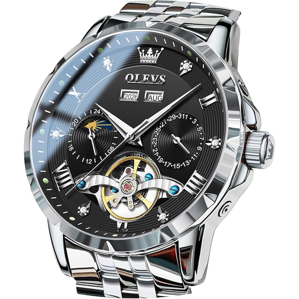 OLEVS Men s Automatic Skeleton Watch Luxury Business Stainless Steel Waterproof Date Calendar Silver Black
