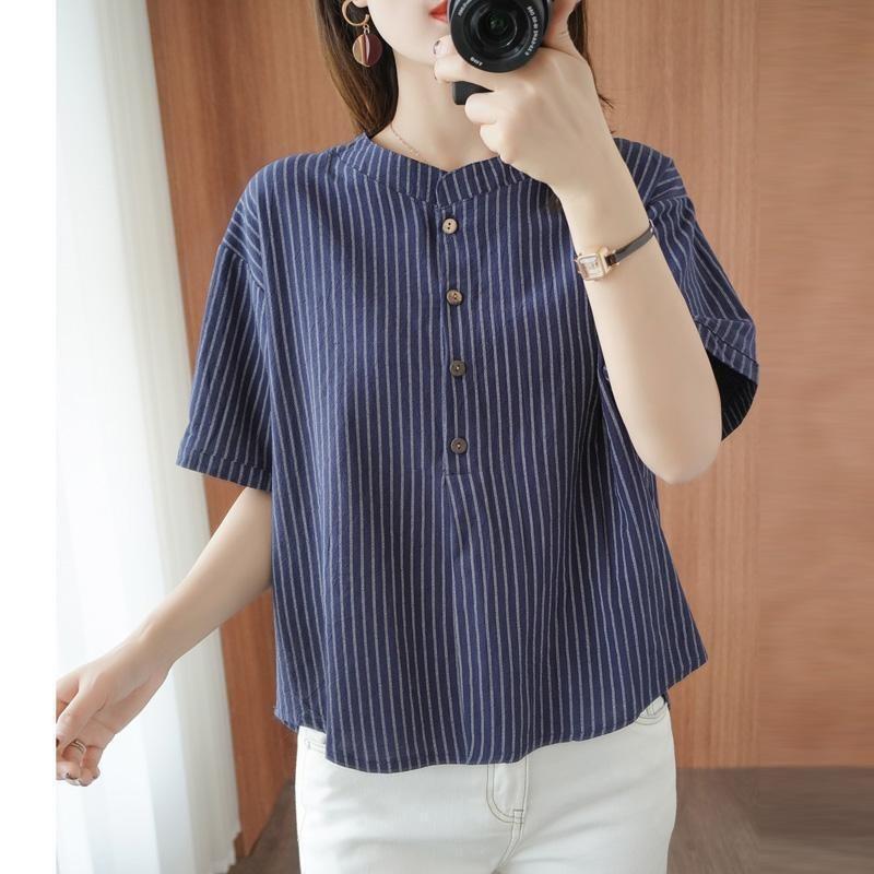 Short-sleeved T-shirt Women's Vertical Striped Blouse Summer Loose Half-sleeved Shirt