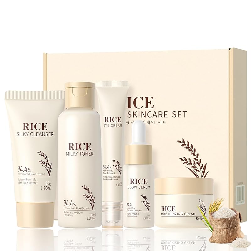 Rice Skincare Set for Women & Girls – Korean Skin Care Set with Rice Cleanser, Toner, Serum, Face Cream, Eye Cream, Sunscreen, Ice Roller, Headband 5PCS
