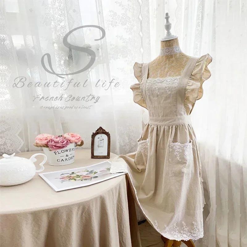 Vintage Fashion Cotton Linen Apron Dress with Ruffled Sleeves and Lace Detailing