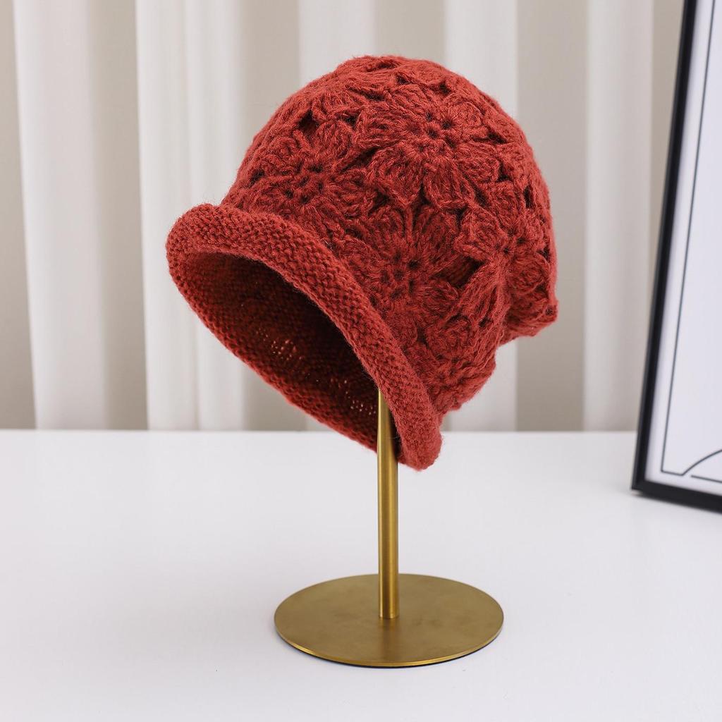 Handmade Double-Layer Crochet Wool Beanie with Roll-Up Brim for Women