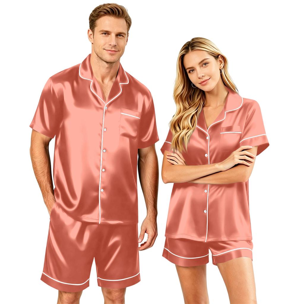 Couple Matching Pajama Set Short Sleeve Button Down Shirt and Shorts Soft Lightweight Lounge Sleepwear Set S-XXXXL for Men and Women