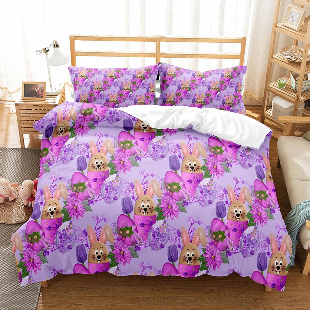 Happy Easter Duvet Eggs Rabbit Pattern Polyester Comforter Cover Festival Gifts for Kids Boys Girls Bedding Set with Pillowcase