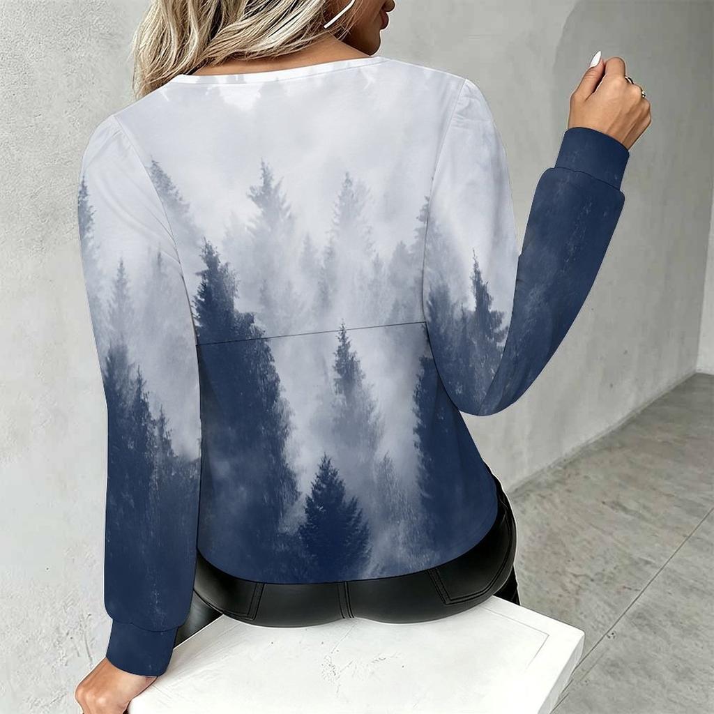 Plus Size Women V Neck Lantern Long Sleeve Top Color Block Print Slim Fit Casual Blouse
