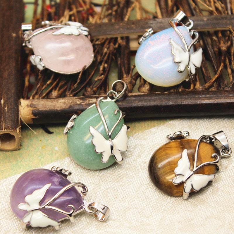 Vintage Wire Wrap Butterfly Gemstone Rose Quartz Amethyst Opalite Healing Crystal Pendant Necklace