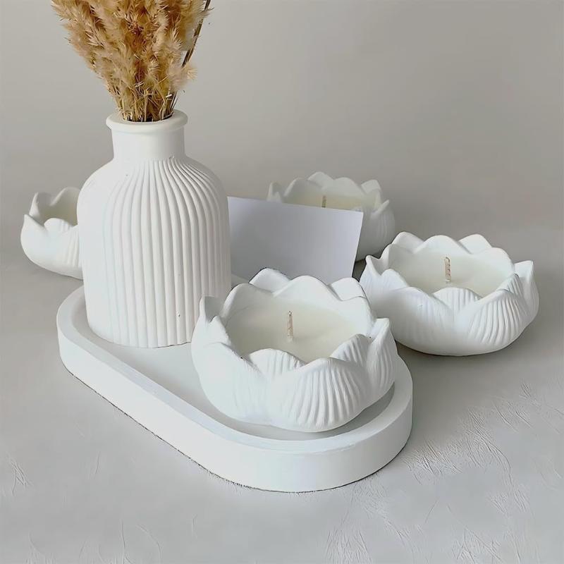 Lotus Striped Vase Tray Silicone Mold Set Diy Epoxy Resin Plaster Mold For Flower Arrangement Aroma Clay Craft Home Decoration