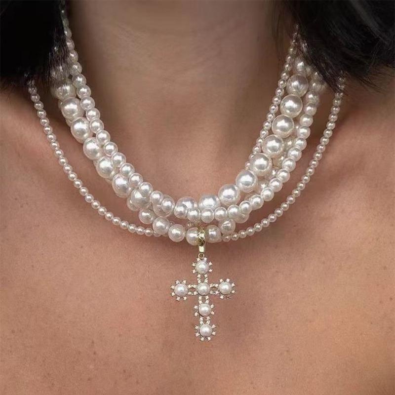 

Многослойное ожерелье из искусственного жемчуга, ретро, легкая роскошь, милое, крутое, с жемчужной подвеской-крестом, цепочка на шею, женское