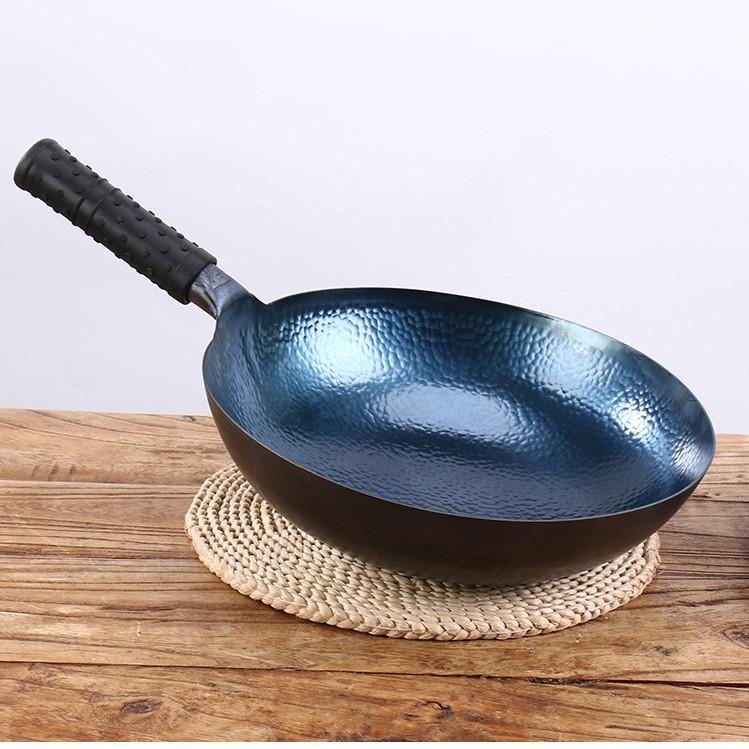 Zhangqiu Iron Handle Fish Scale Wok: Durable, Non-Stick, Handmade Frying and Stir-Fry Pan for Household Use.