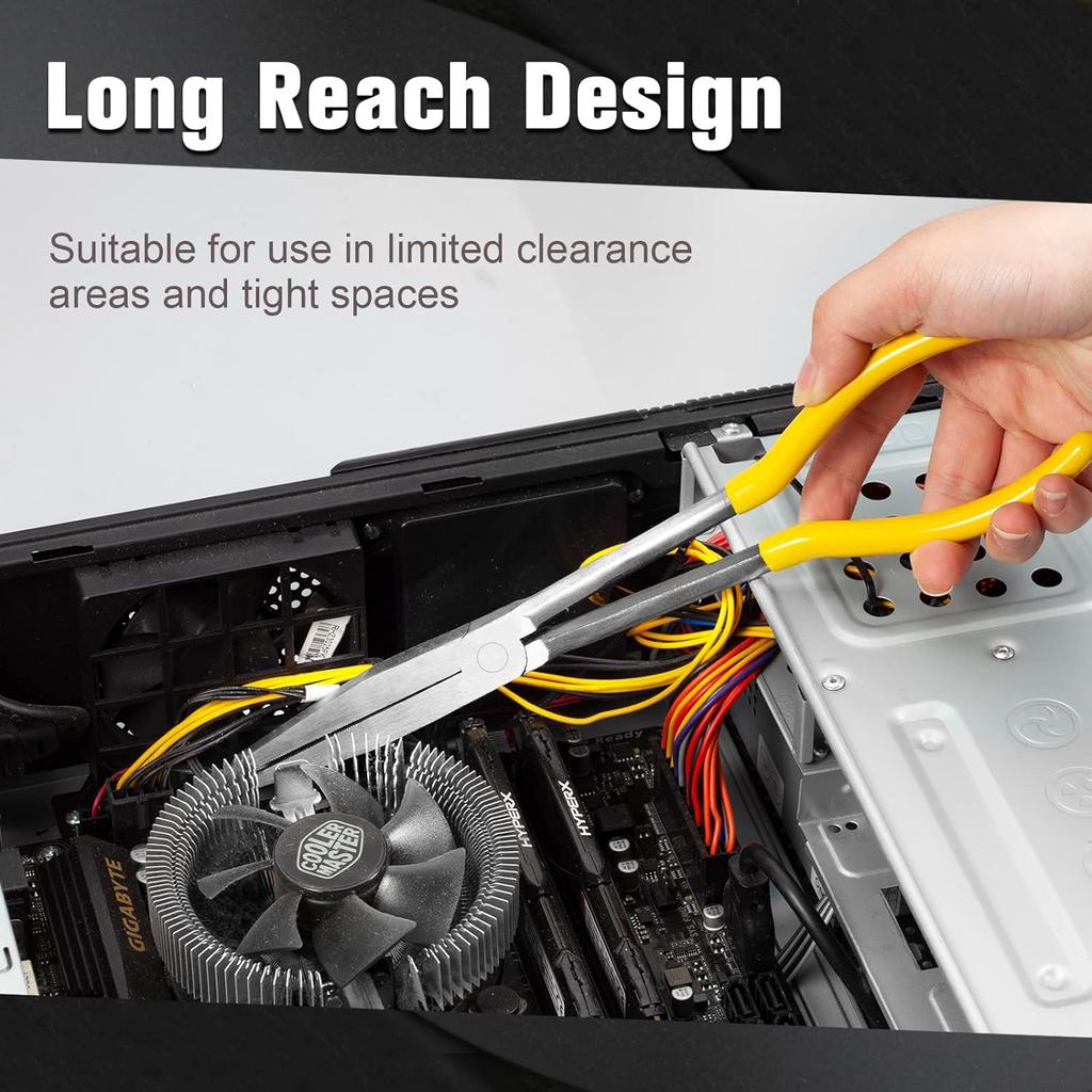 Long Nose Plier 11” Reach, Straight, Angle, Curved Pliers, 45 & 90 & 25 Degree, Bent Head Needle Nose Pliers for Mechanics
