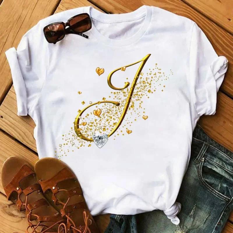 A letter combination Tshirt with a custom name suitable for short sleeved women's clothing with gold diamond letter font ABCDEF