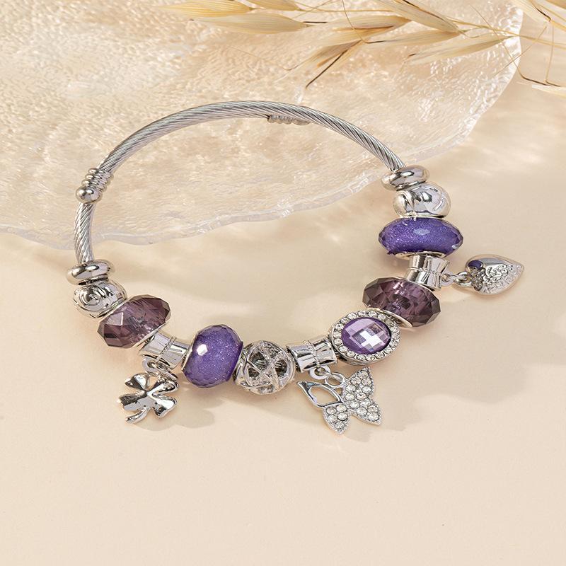 Handmade Beaded Bracelet With Crystal Beads Alloy Leaf Butterfly Pendant And Sparkling Rhinestone Charm