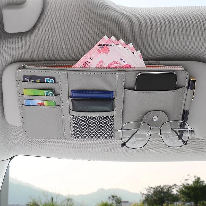 Multifunctional Car Visor Organizer Zippered Sunglasses Clip With Card Holder & Ticket Storage Pouch Auto Interior Accessories