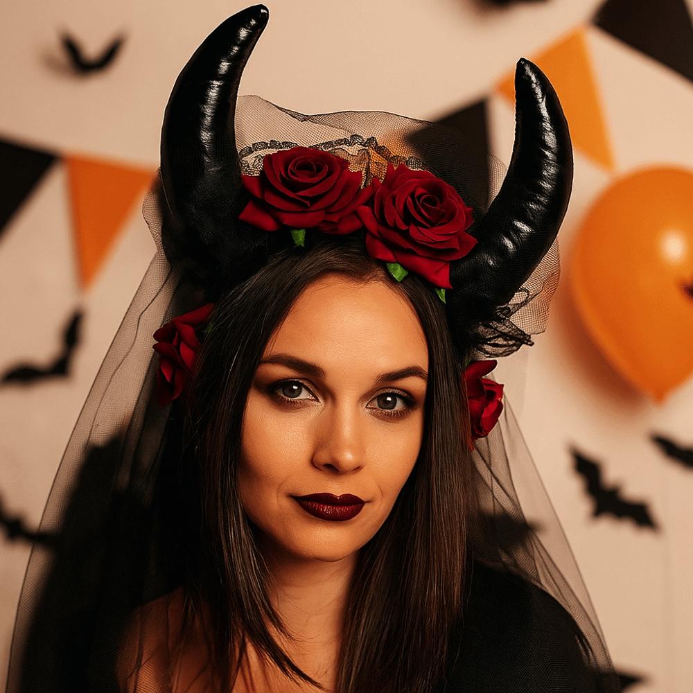 Lace Trim Sheep Horn Headband Flowers Design Red Rose Headband  Festival Wear