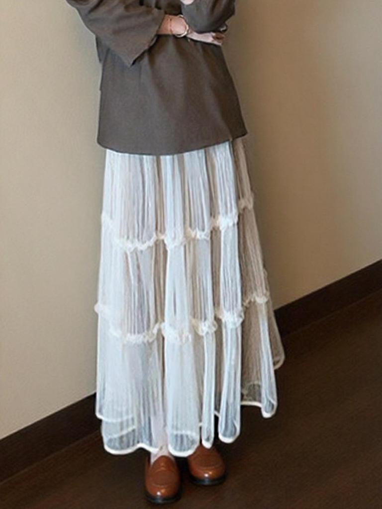 Velvet Mesh Patchwork A-Line Skirt - Women's Mid-Length Pleated Fairy Skirt, Autumn/Winter 2025.