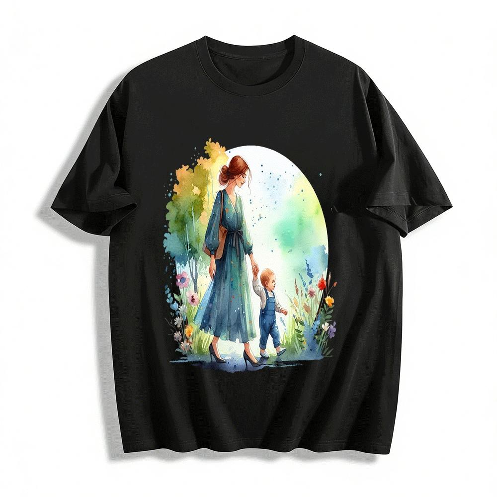 Mom Holding Baby Walking Floral Print Parent-child Outfit Pure cotton T-shirt XXS