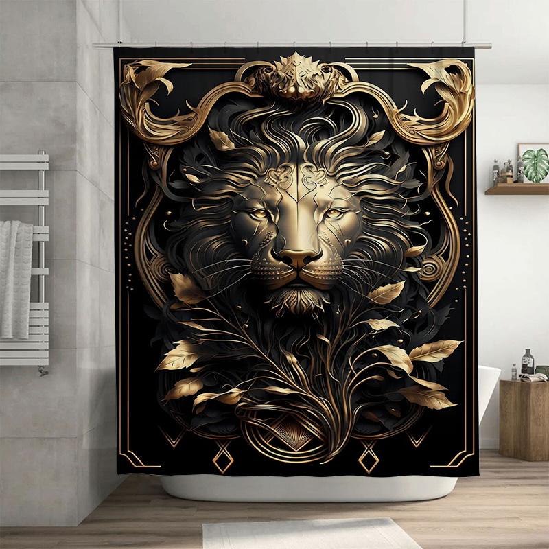 

Luxury Golden Lion Shower Curtain Black Gold Decorative Bathroom Wall Hanging Floral Art Print For Home Decor W60H190(CM)-1 Pcs