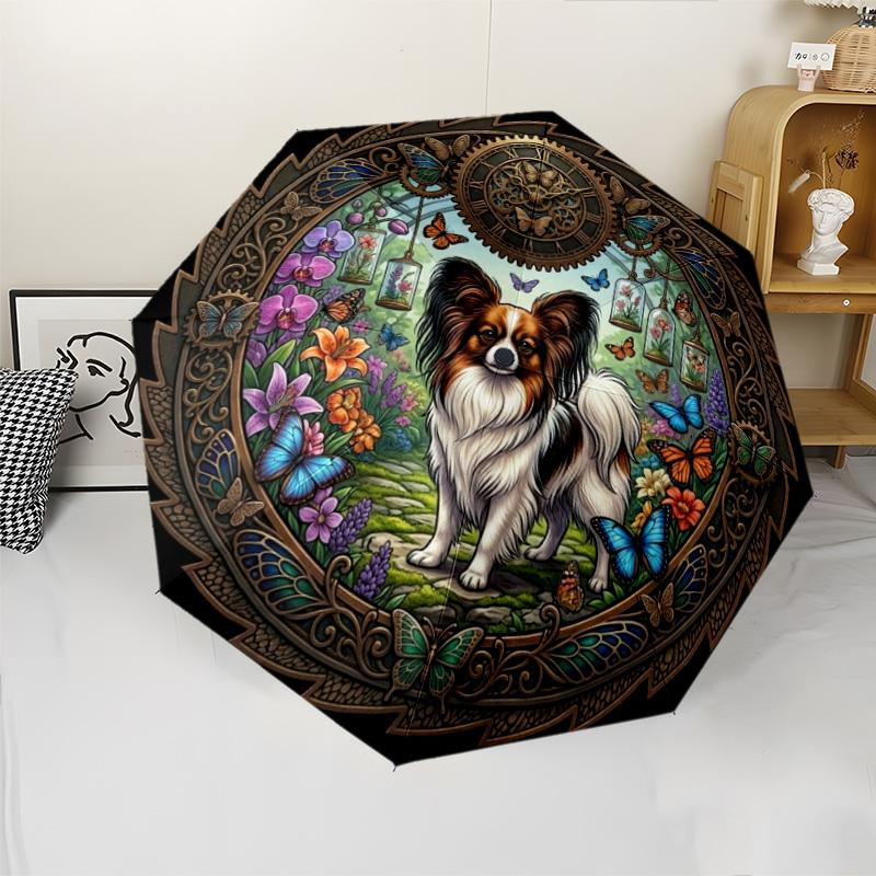 Clockwork Garden Papillon Pattern Umbrella, Portable and Foldable Design, 8 Ribs, a Casual Accessory for Halloween, Christmas, and Birthday Gifts.