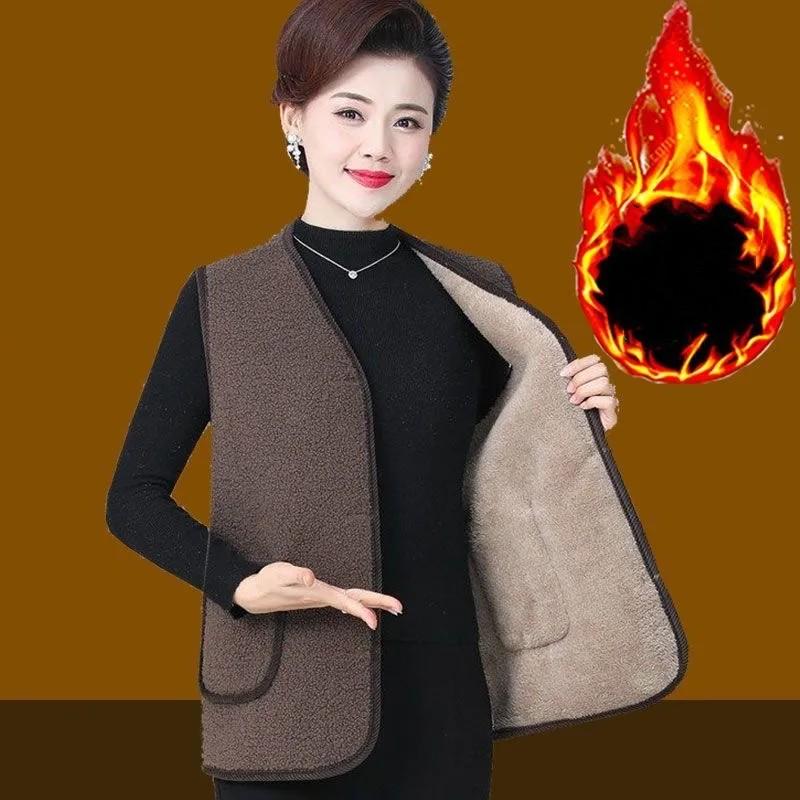 

Женский осенне-зимний утолщенный жилет для среднего возраста из флиса из овечьей шерсти с круглым вырезом 5XL темный кофе