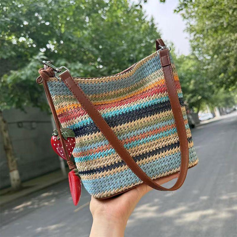 

Summer Rainbow Stripes Woven Bag Women s 2025 New Arrival Beach Vacation Bucket Bag Shoulder Crossbody Straw Bag Rainbow stripes
