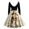Christmas Print Flare Dress For Women Long Sleeve Dress Hollow Party Casual Dresses