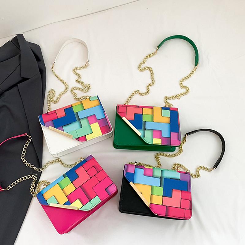 Women PU Leather Small Square Flap Sling Shoulder Bag Summer Contrast Color All-match Chain Crossbody Bag KTY