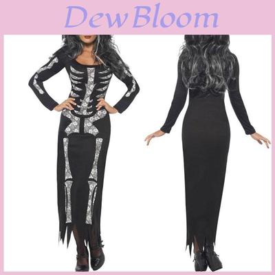 Plus Halloween Mitternachts-Horror Vampir Skelett Kostüm Langes Ausgefallenes Kleid Outfit für Gruselige Veranstaltungen